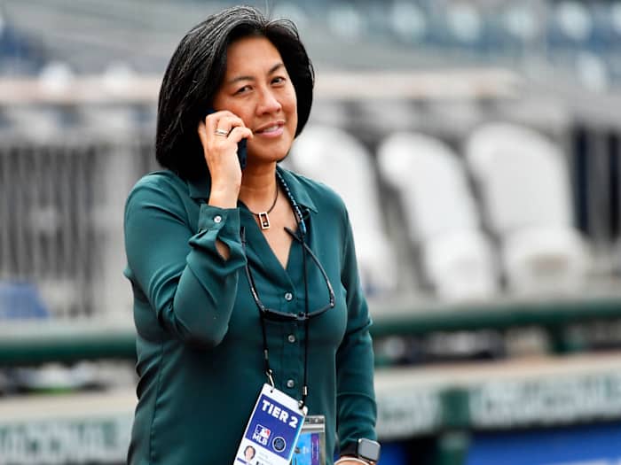 Jul 19, 2021; Washington, District of Columbia, USA; Miami Marlins general manager Kim Ng looks on from the field before a game against the Washington Nationals at Nationals Park.